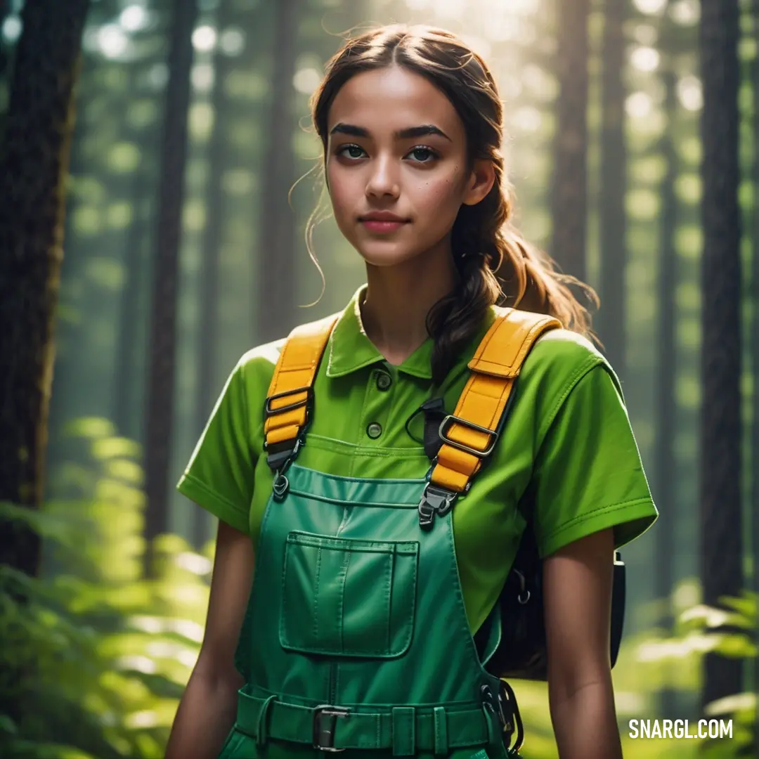 Woman with a backpack in the woods looking at the camera with a serious look on her face and shoulder. Color RGB 255,191,0.