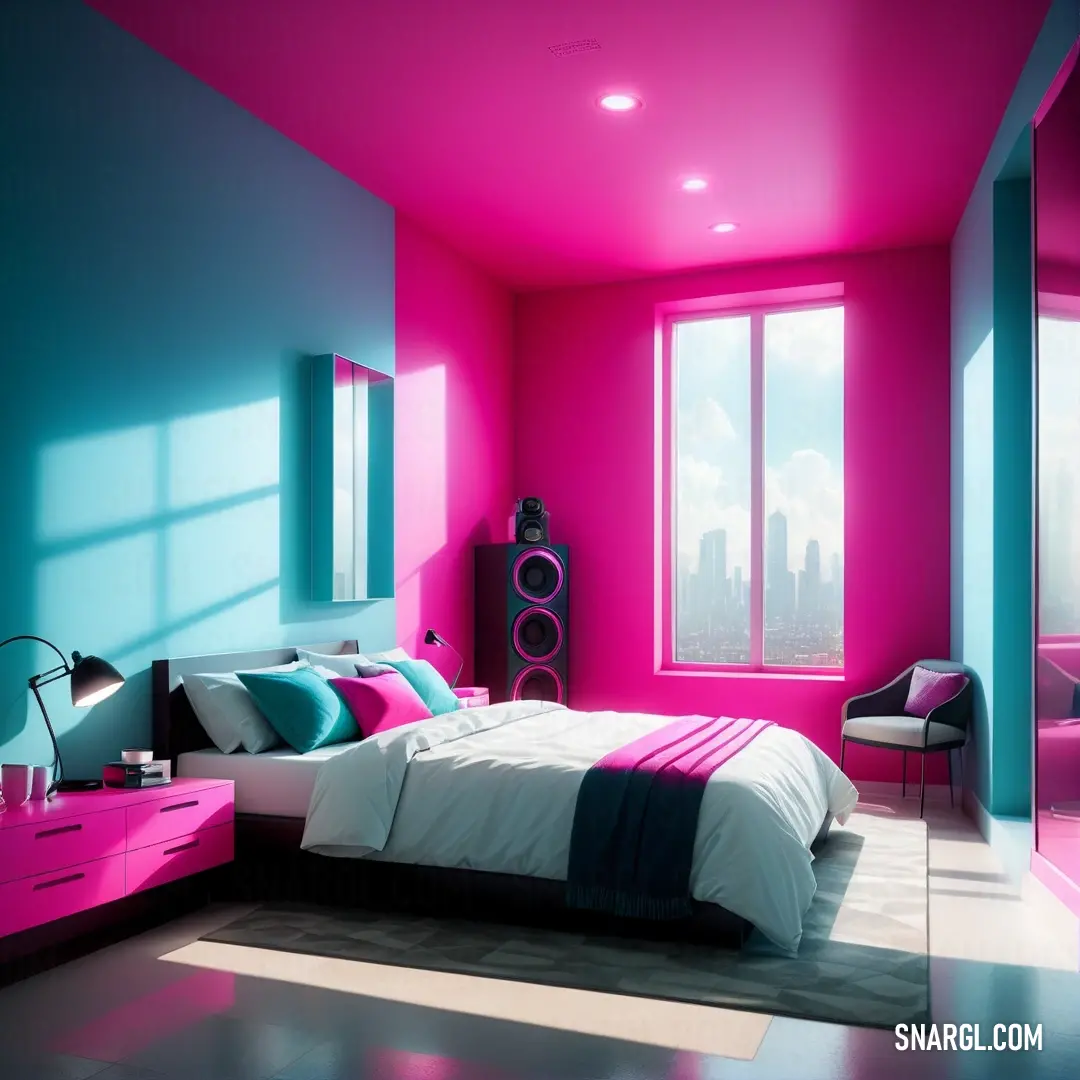 Bedroom with a pink and blue color scheme and a bed with a white comforter and pillows. Color CMYK 0,92,42,0.