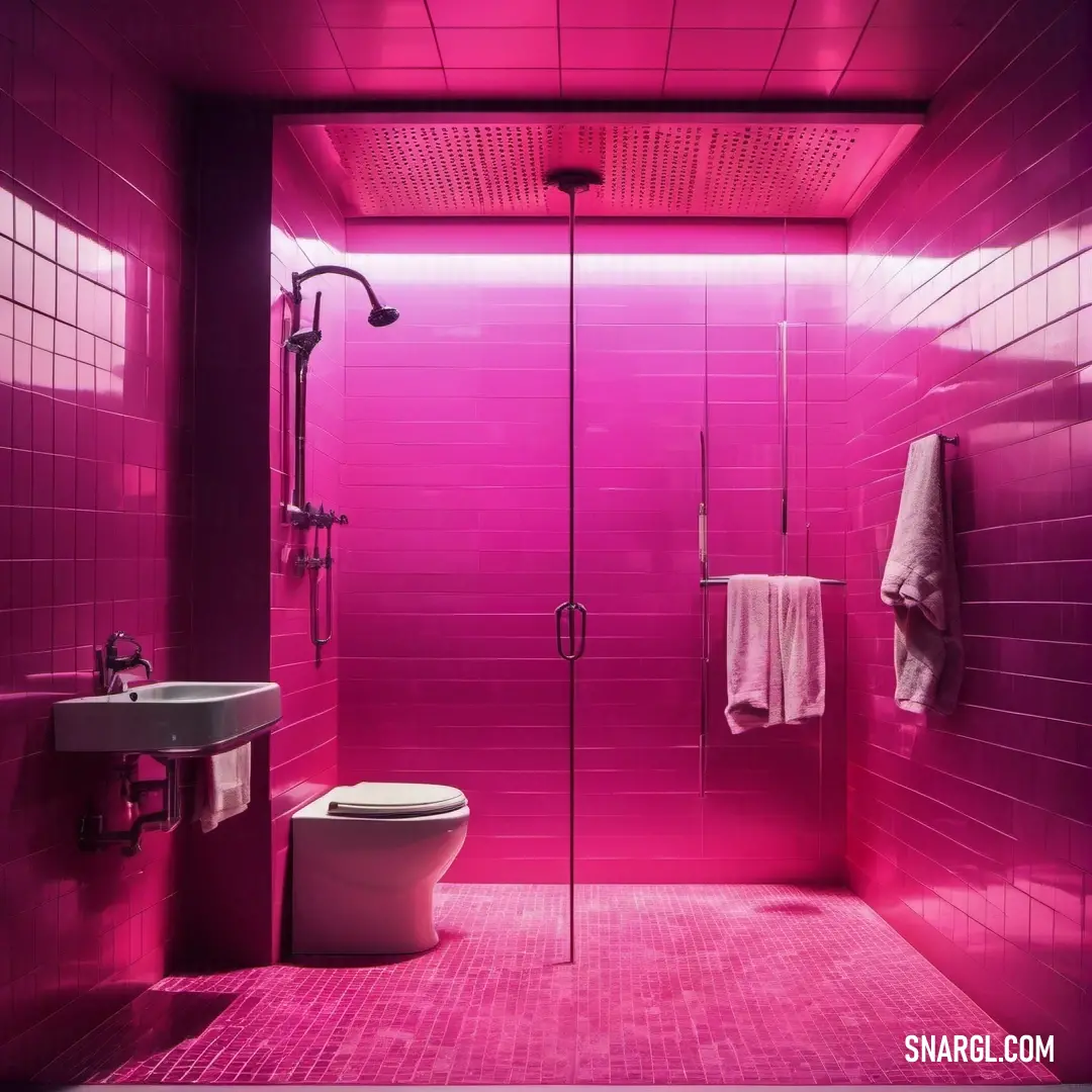 Bathroom with a pink wall and a white toilet and sink and a shower stall. Example of CMYK 0,92,42,0 color.