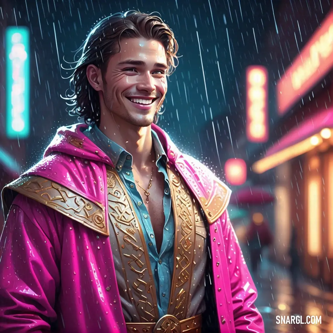 Man in a pink coat and a smile on a rainy day in the rain with a neon sign in the background. Color Fluorescent pink.