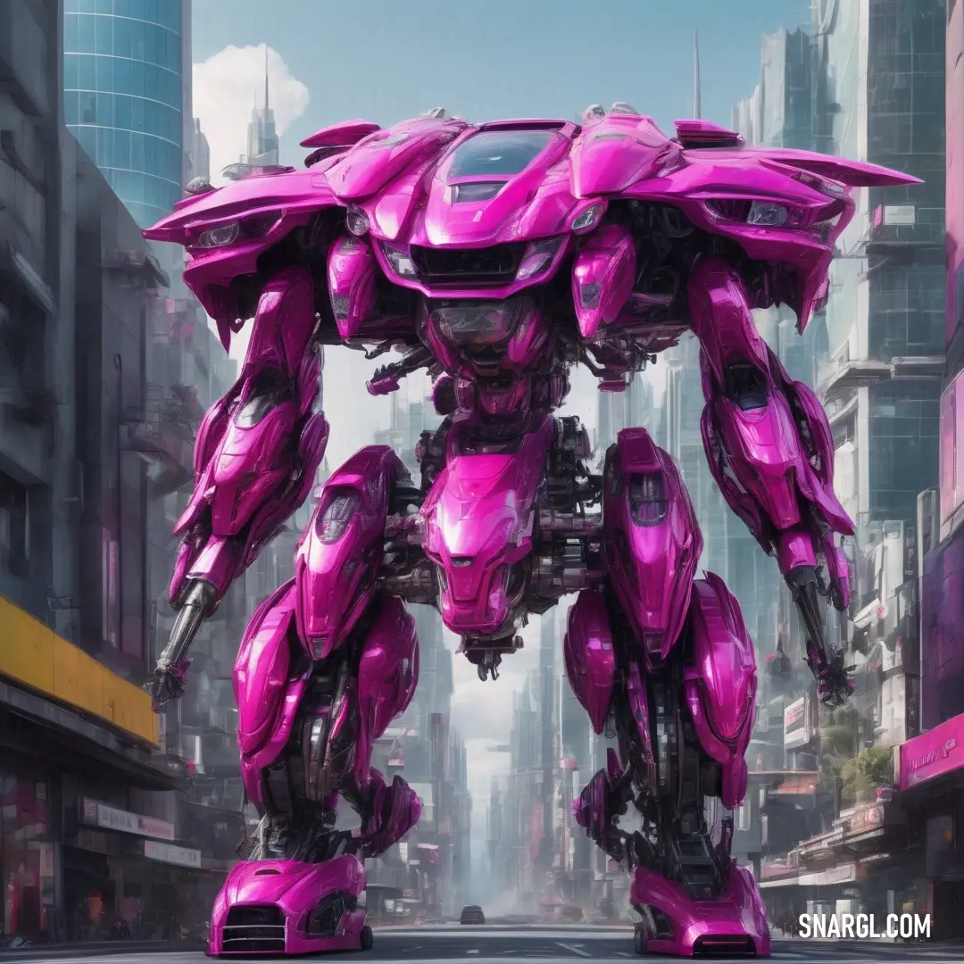 Pink robot standing in a city street with tall buildings in the background. Color RGB 255,20,147.