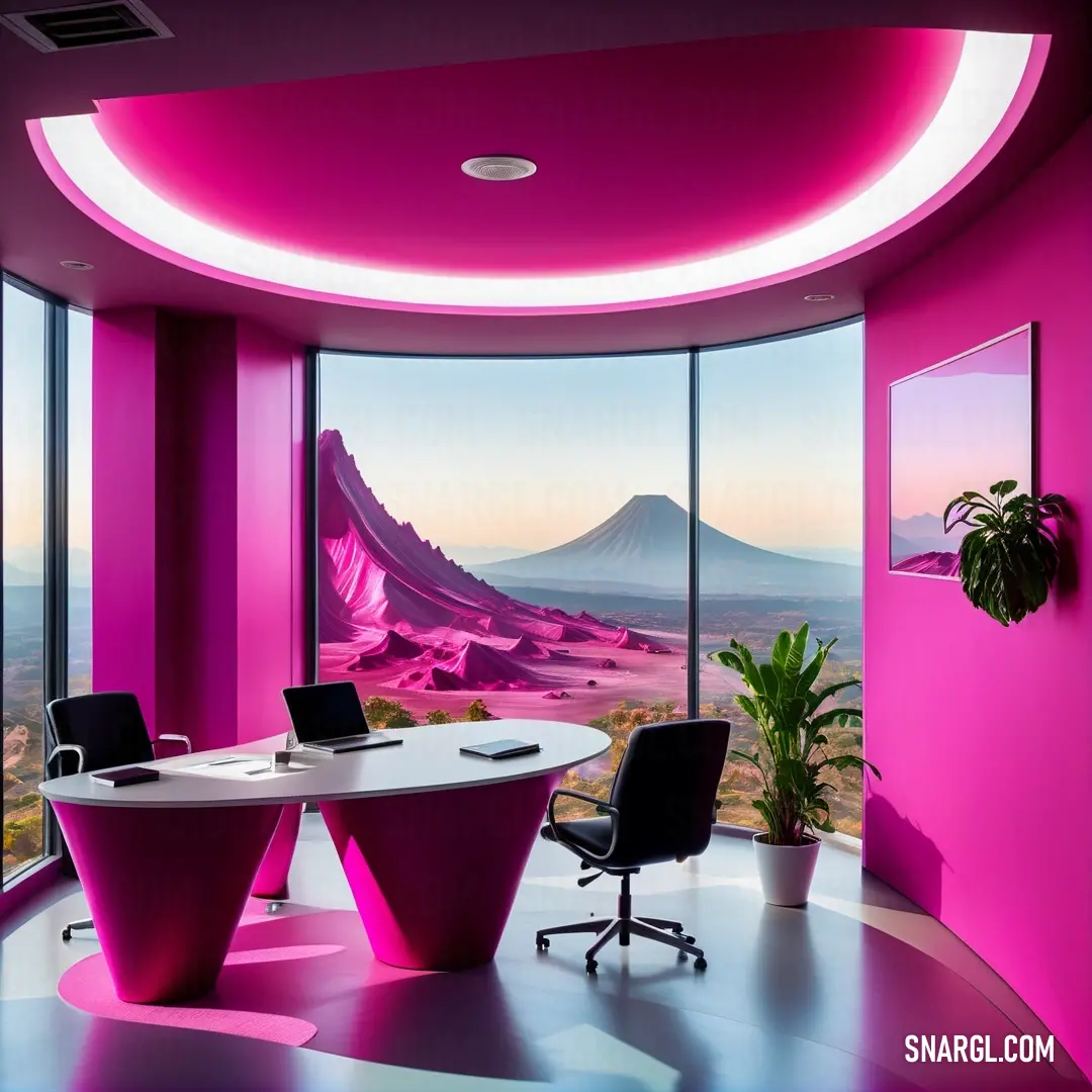 Fluorescent pink color example: Room with a table and chairs and a view of a mountain outside the window with a pink ceiling