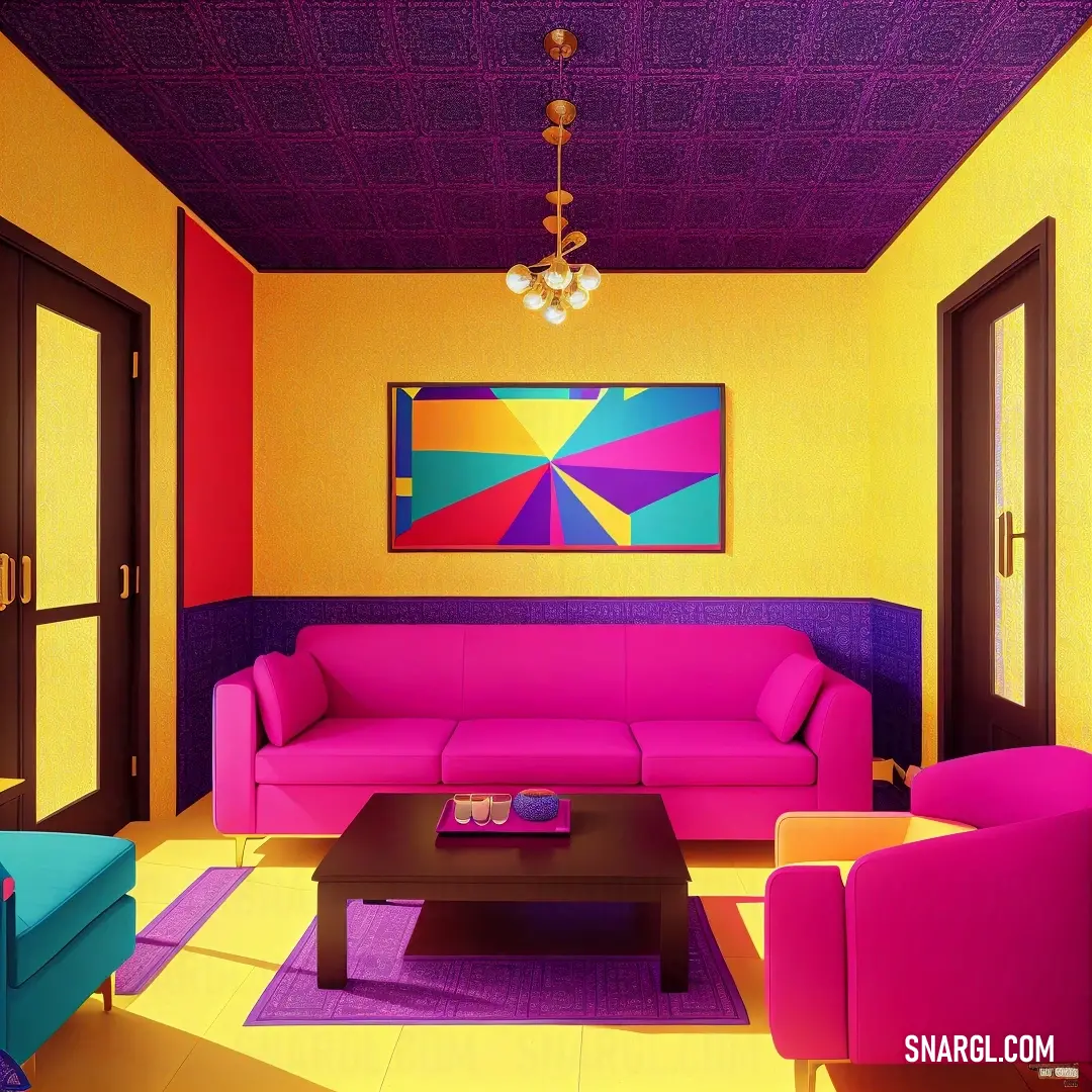 Picture with primary colors of Fluorescent pink, Corn, Carrot orange, Dark brown and Antique fuchsia