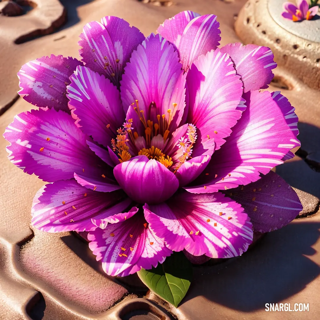 Purple flower on top of a sandy beach next to a cake on a plate on a table