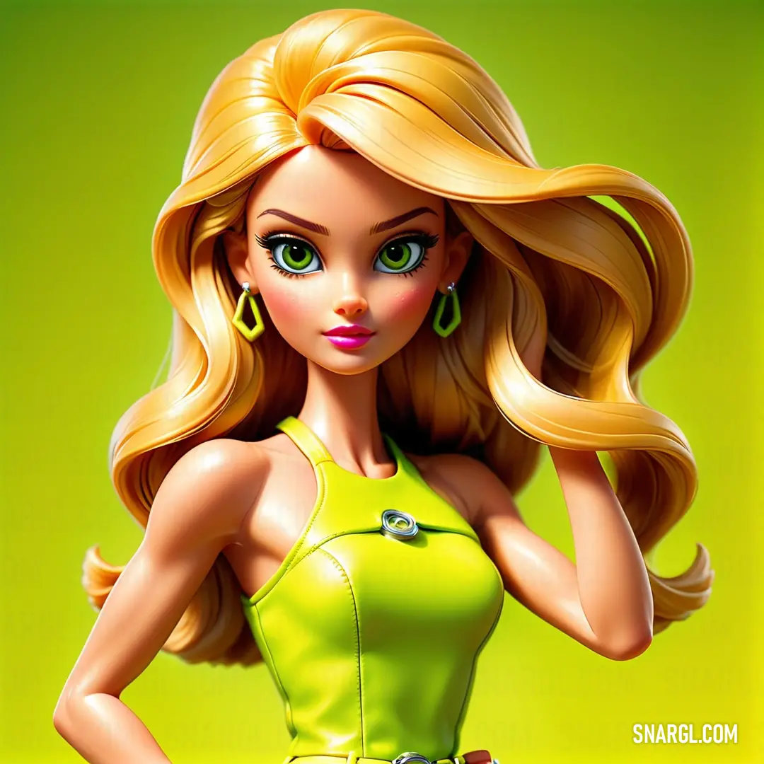Doll  with blonde hair and green eyes wearing a yellow dress and green earrings and a green background. Color #CCFF00.