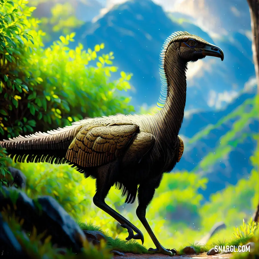 Bird with a long neck and a long tail walking through a forest with a mountain in the background