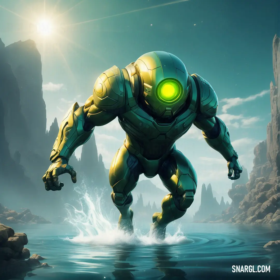 Cartoon character is in the water with a glowing green eyeball in his face and a body of water in front of him