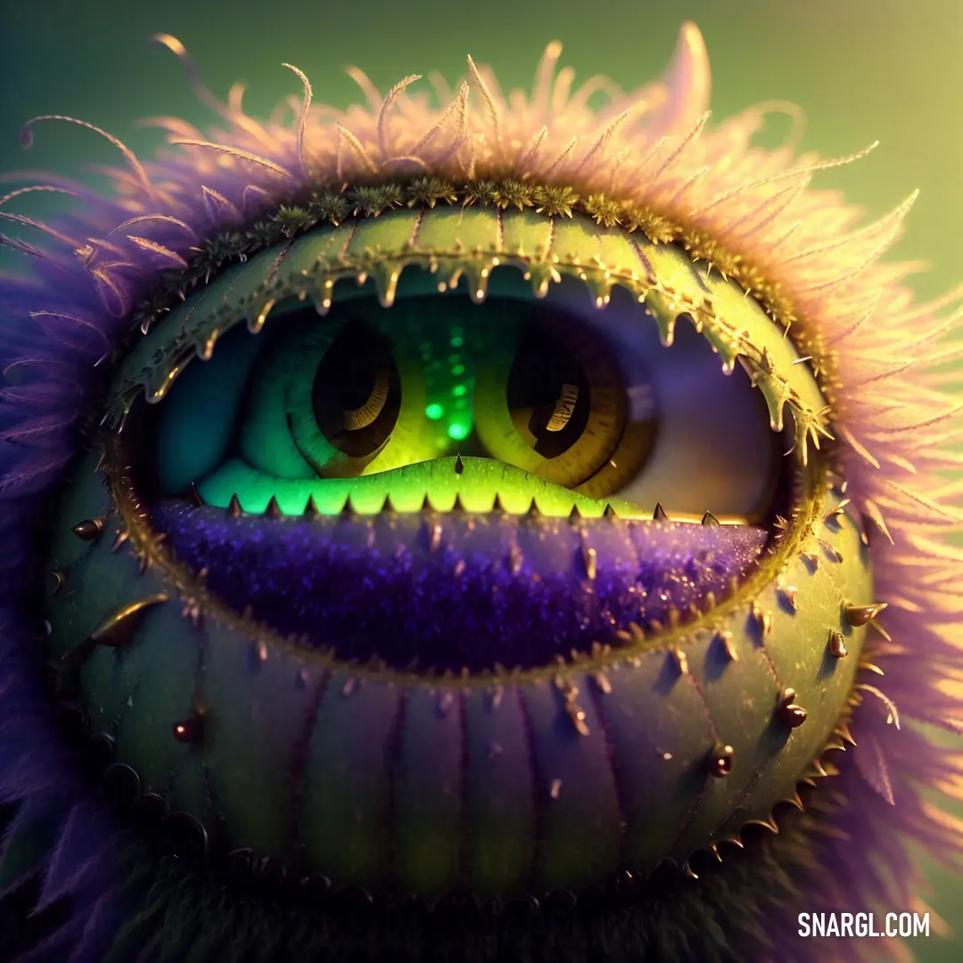 Close up of a purple flower with a green eye and a yellow eyeball in the center of the flower