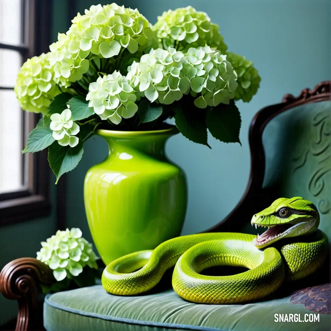Green vase with a snake and flowers in it on a chair next to a green vase. Example of CMYK 20,0,100,0 color.