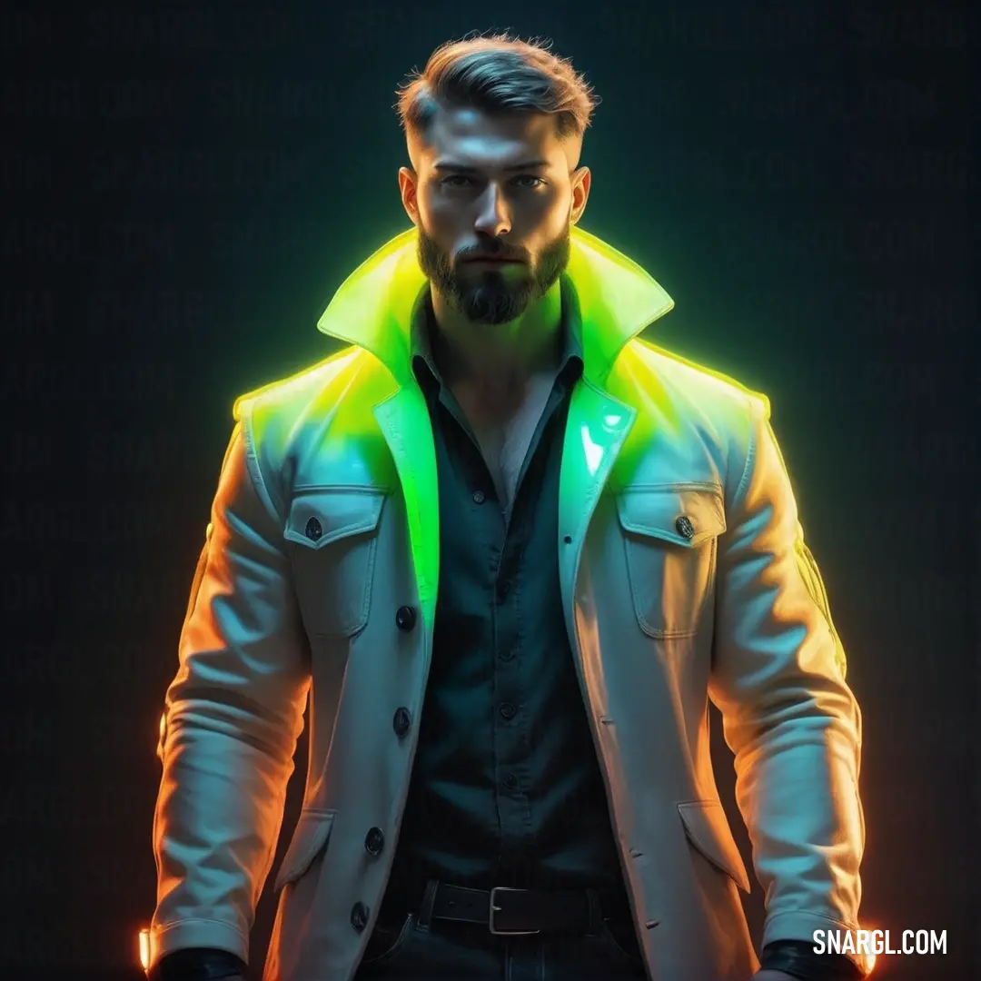 Man with a beard and a neon jacket on, standing in front of a dark background. Color CMYK 20,0,100,0.