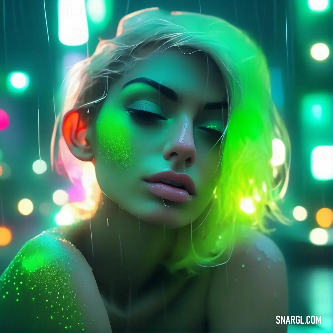 Woman with green hair and neon makeup in the rain with a neon light behind her and a cityscape in the background