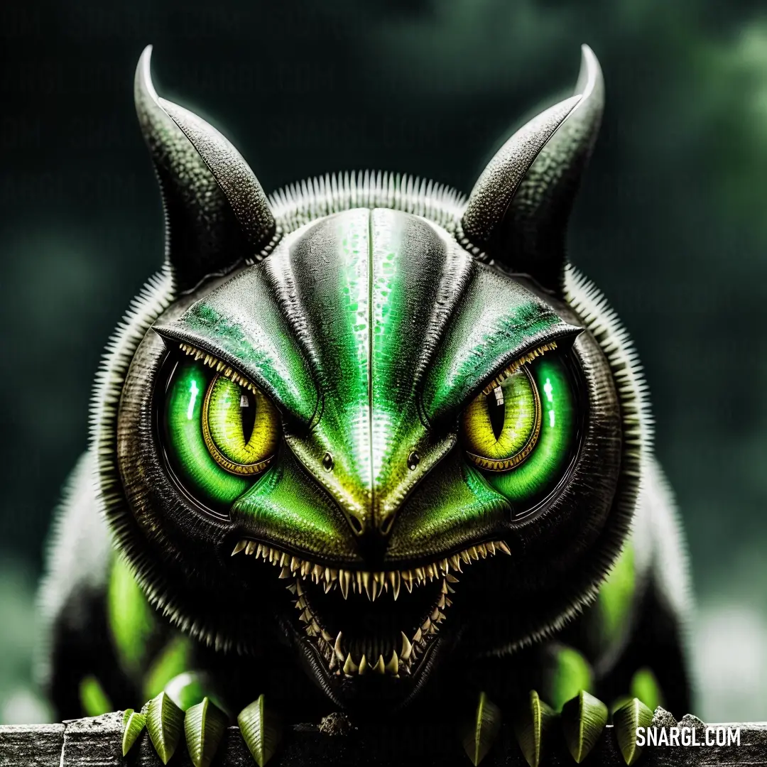 Green and black creature with big eyes and horns on it's head. Color #CCFF00.