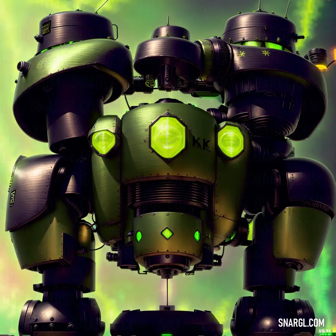 Green and black robot with glowing eyes and a green background with a green and yellow light coming from it