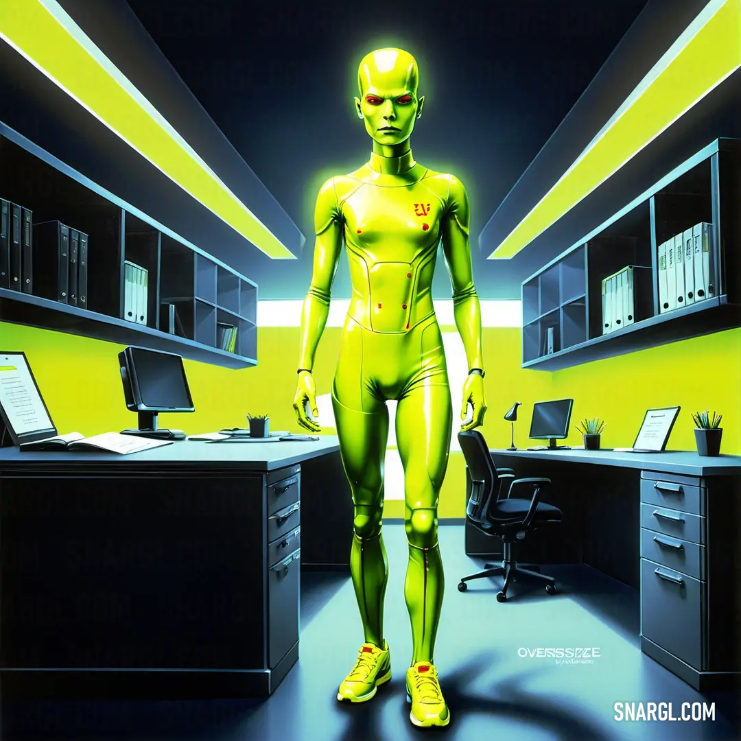 Man in a yellow suit standing in a room with a computer desk and a monitor on it's side. Example of CMYK 20,0,100,0 color.