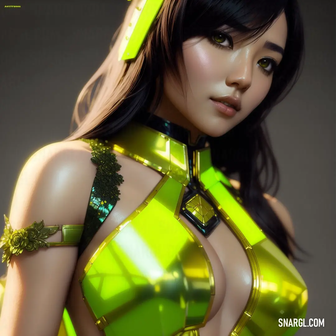 Woman in a futuristic outfit with a green belt around her neck