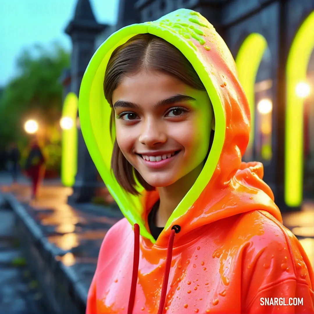 Fluorescent yellow color example: Young girl in a neon orange hoodie smiles at the camera while standing in the rain