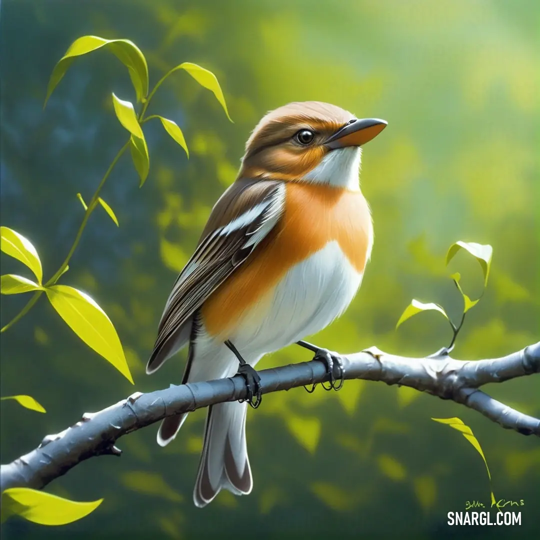 Flycatcher on a branch with leaves in the background