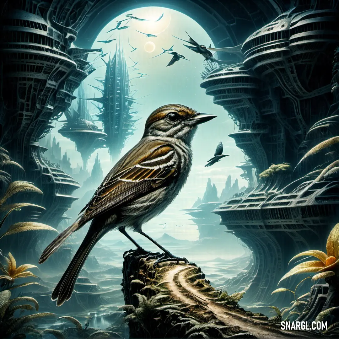 Flycatcher on a rock in a cave with bats flying around it and a full moon in the sky