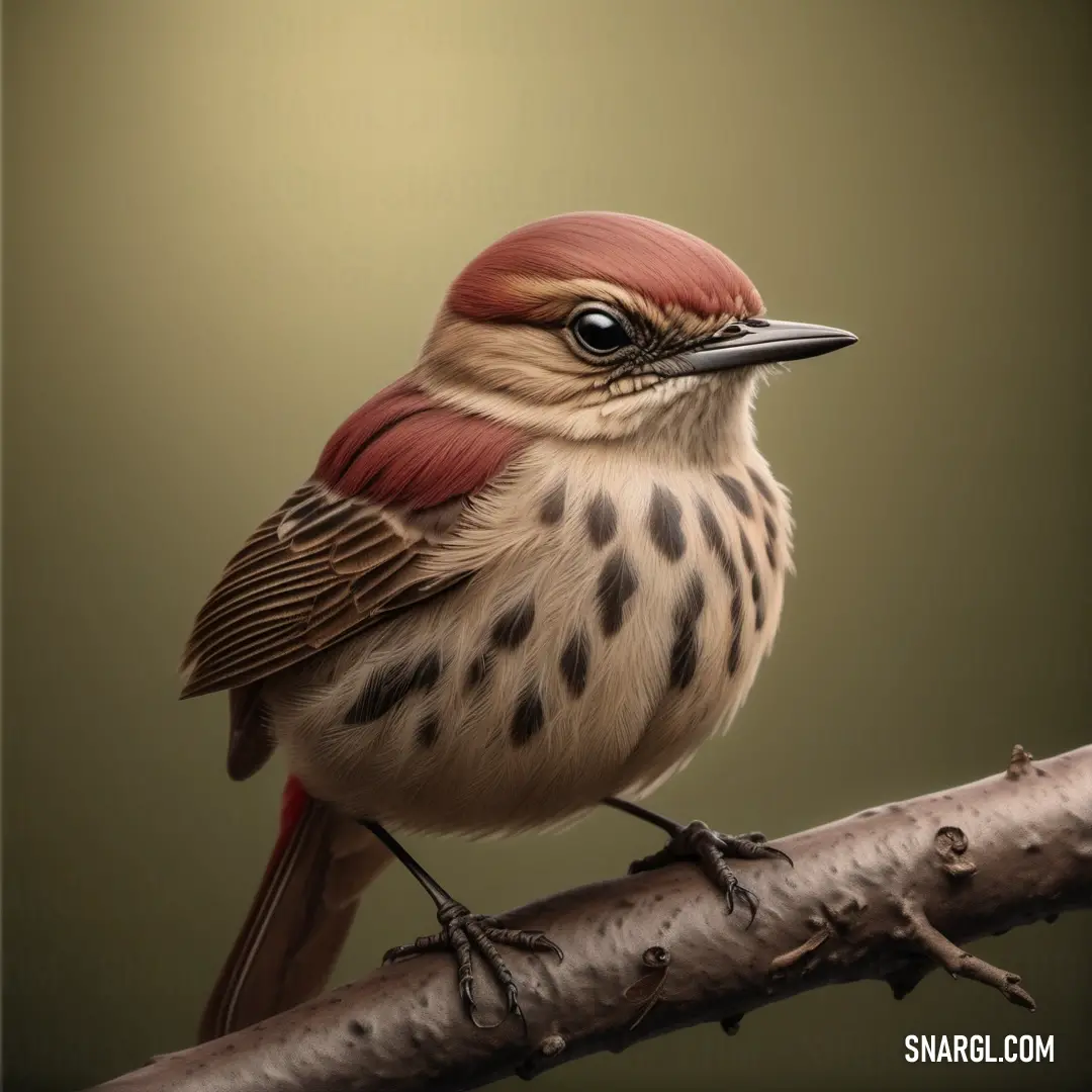 Flycatcher with a red head on a branch of a tree branch with a green background