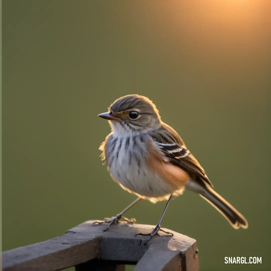 Small Flycatcher perched on a wooden post outside of a building with a light in the background