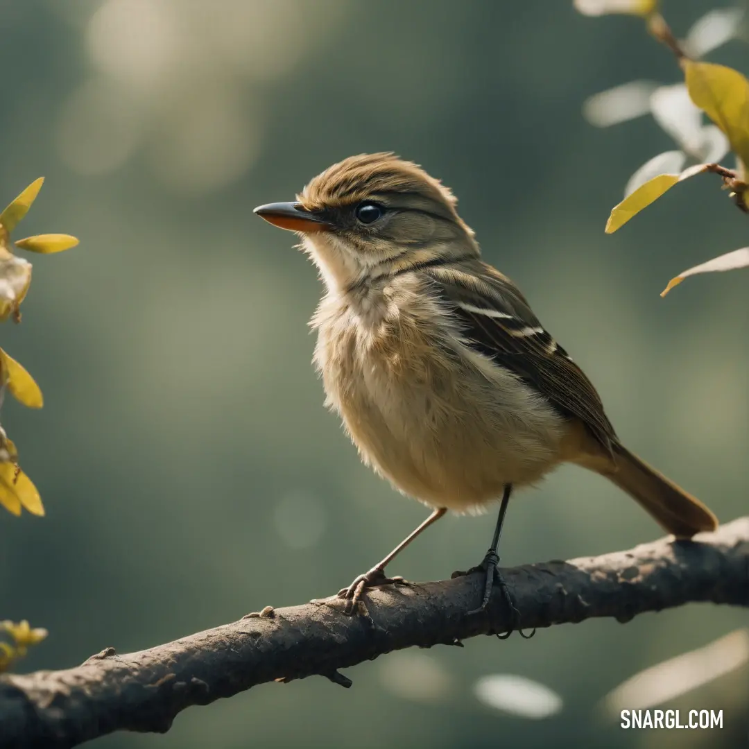 Small Flycatcher perched on a branch with leaves around it's neck and eyes open, with a blurred background
