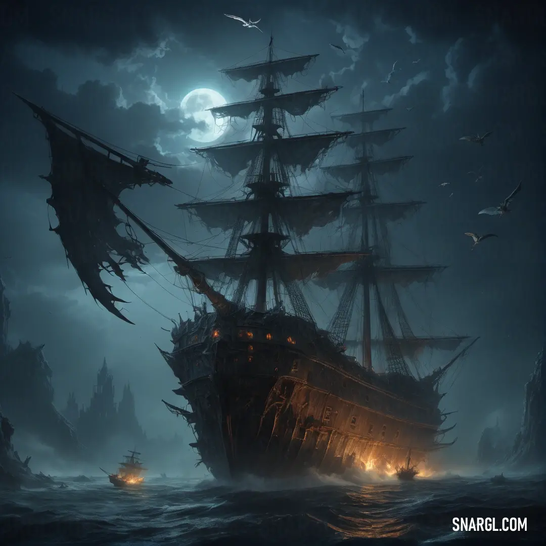 Ship in the ocean with a full moon in the background and seagulls flying around it in the air