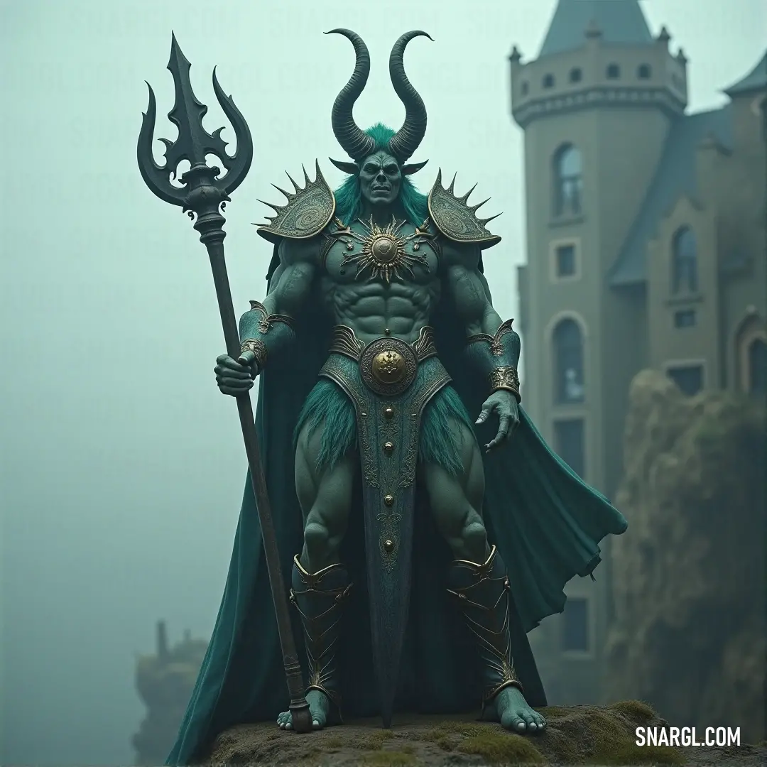 Focalor, with a horned head and sword in hand, stands as an imposing figure of dark power. Focalor, a horned figure of immense power, stands confidently with a sword in hand, his demonic form exuding strength and readiness for battle.