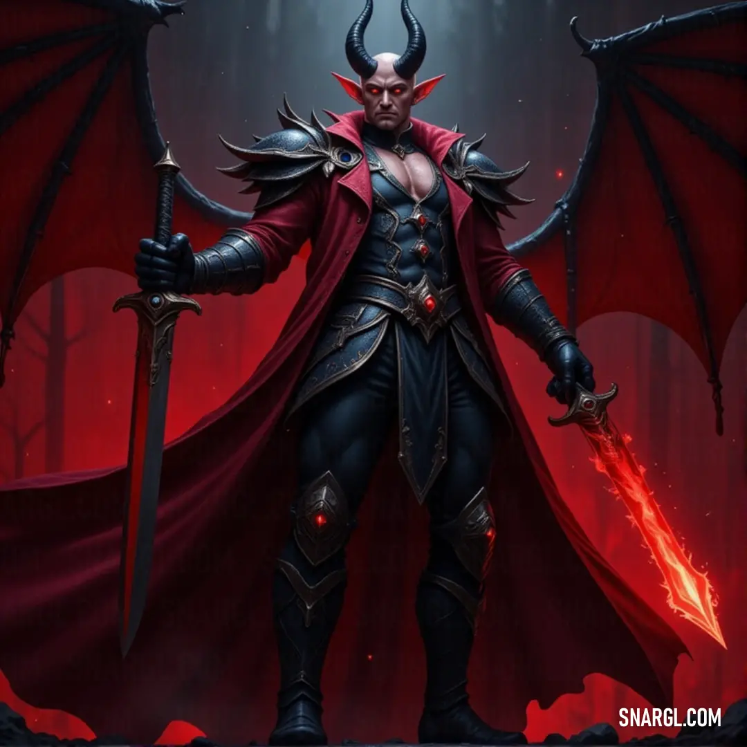 Focalor, wearing a dark, demon-like outfit, grips a sword as he stands before a fiery red background, his presence commanding the scene with an air of terrifying authority.
