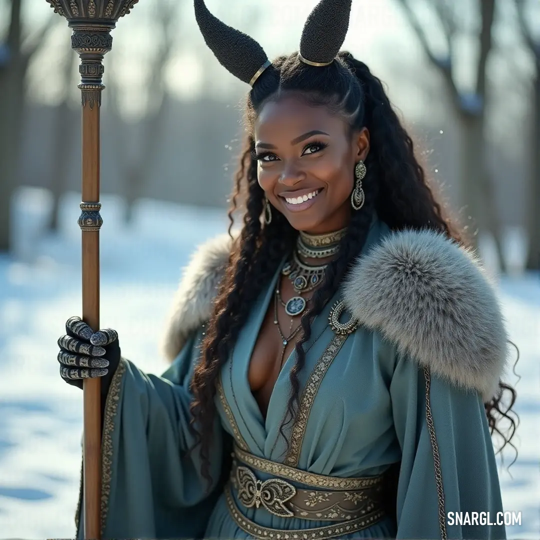 Folake holds a horned pole with a fur collar, standing proudly as a protector of the wild, her strength undeniable. Folake, draped in an elaborate costume, grips a long pole adorned with horns, with a luxurious fur collar around her neck. She stands in a rugged landscape, as if guarding the wilderness, her confident stance betraying the power she holds.