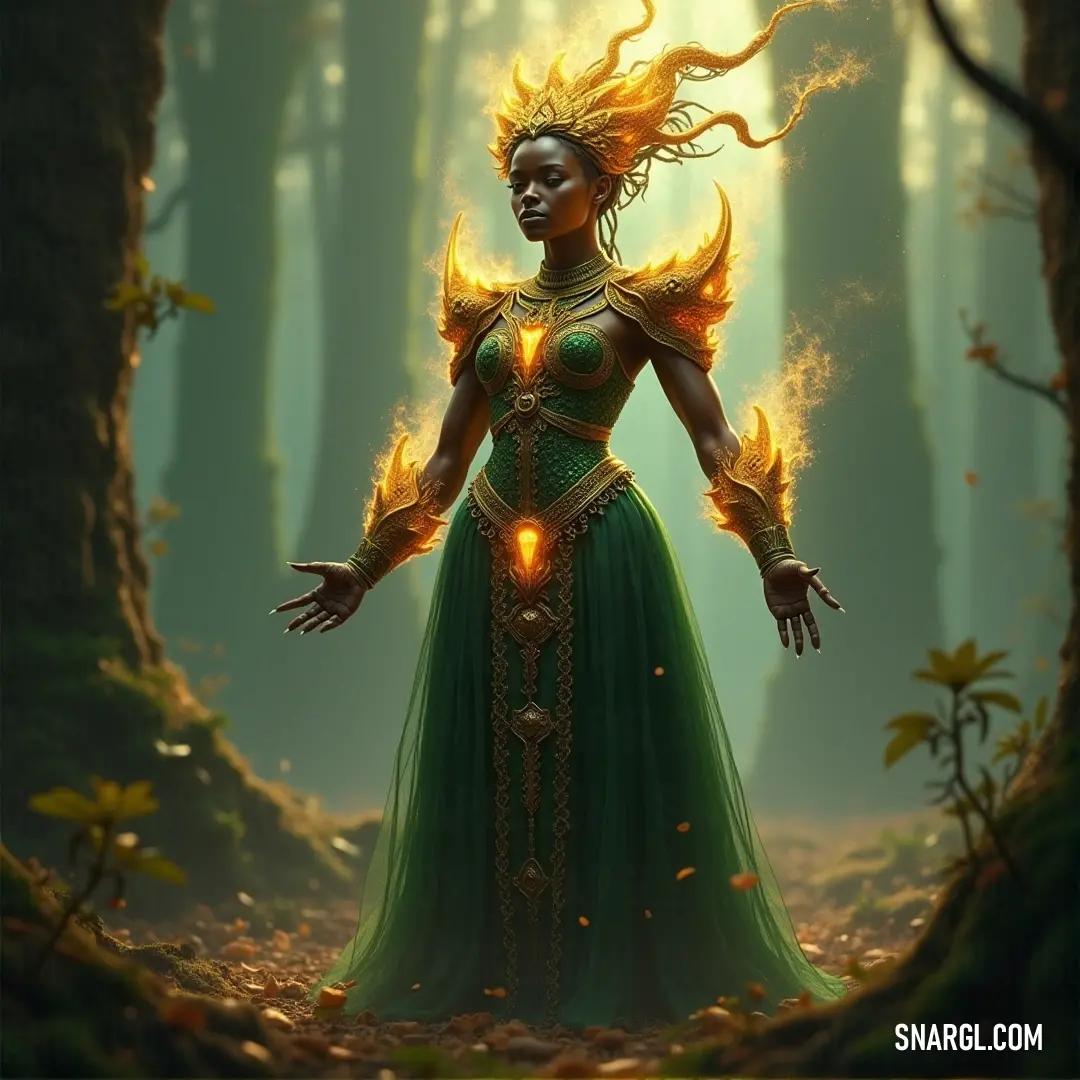Folake, in a green dress, exudes a supernatural power with flames rising from her hair and glowing eyes in a mystical forest. Folake stands tall in a flowing green dress, surrounded by the dark trees of the forest. Fiery tendrils erupt from her hair, and her glowing eyes reflect an intense, otherworldly power as she stands alone, commanding the elements around her.