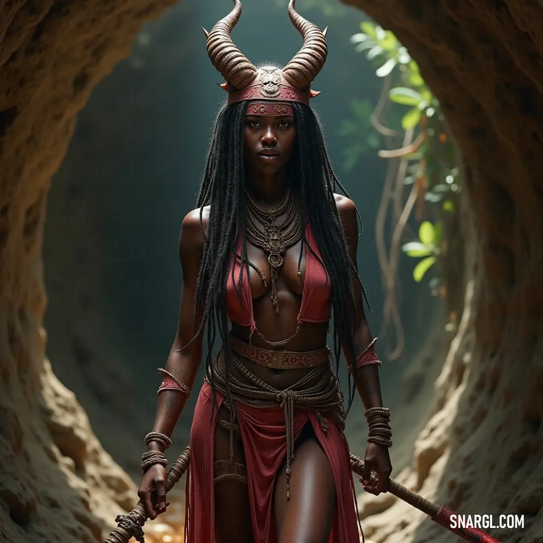 A figure in a red dress, holding a sword, stands in a cave with light shining on their face, showcasing a dramatic scene. A fierce figure, adorned with horns, stands in a dimly lit cave, holding a sword in one hand and her face illuminated by a beam of light. A red dress adds a dramatic flair, while the shadows and light create a mood of mystery.