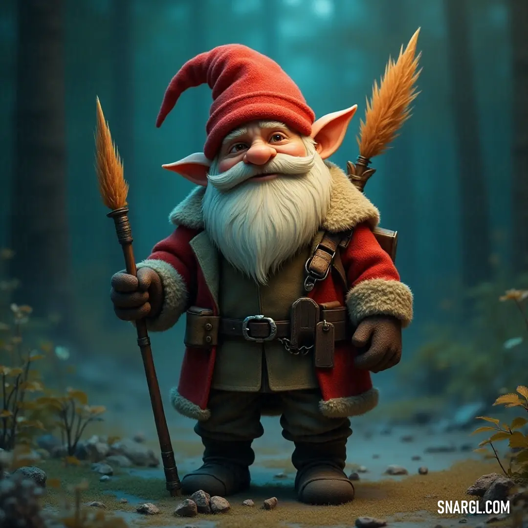 A thoughtful figure named Folke, with his flowing beard and distinctive red hat, stands gripping a sturdy stick, surrounded by a vibrant forest filled with shimmering leaves and rugged rocks.