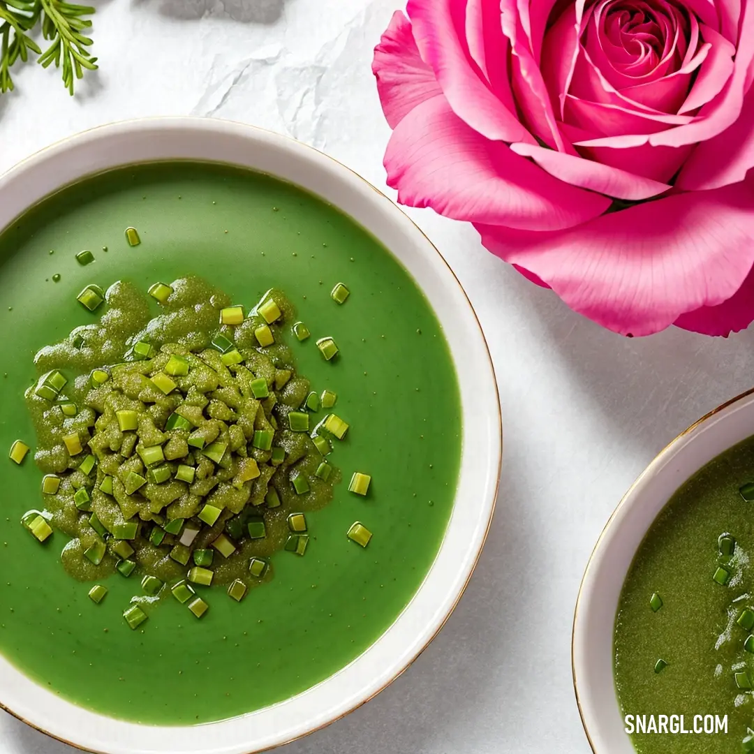 Bowl of soup with a green topping and a pink flower on the side of the bowl