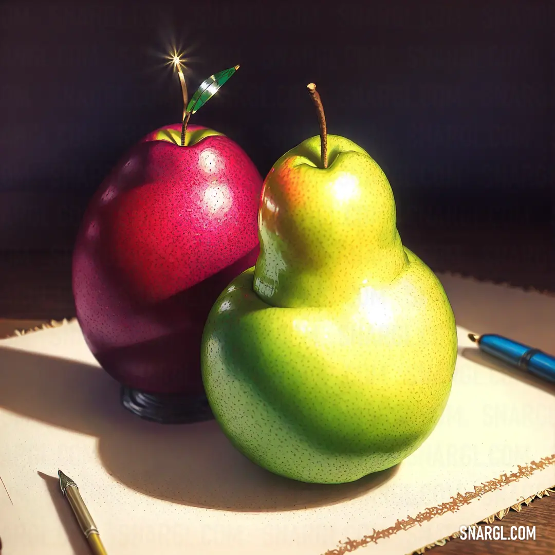 Couple of apples on top of a table next to a pen and paper towel on a table
