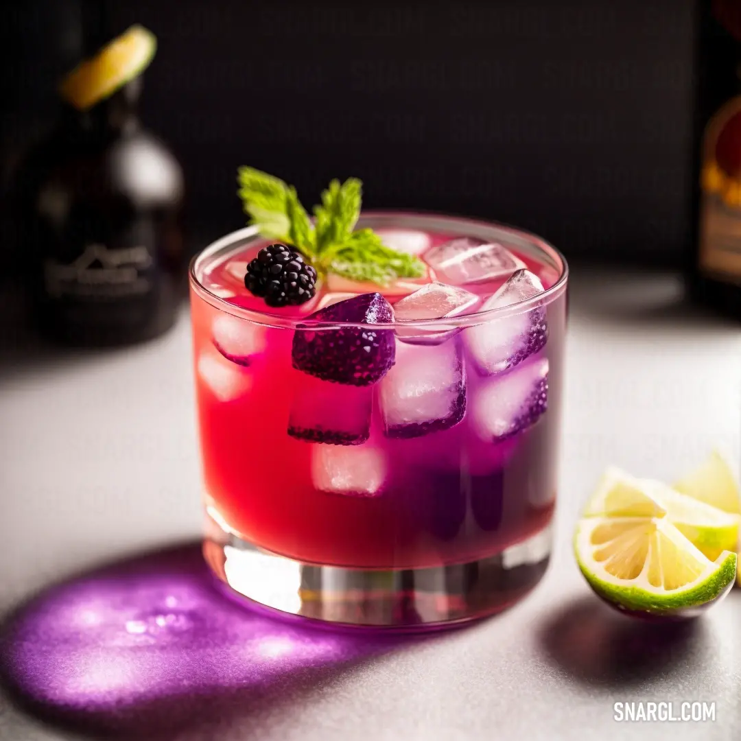 Purple drink with a blackberry on the rim and a lime slice on the rim