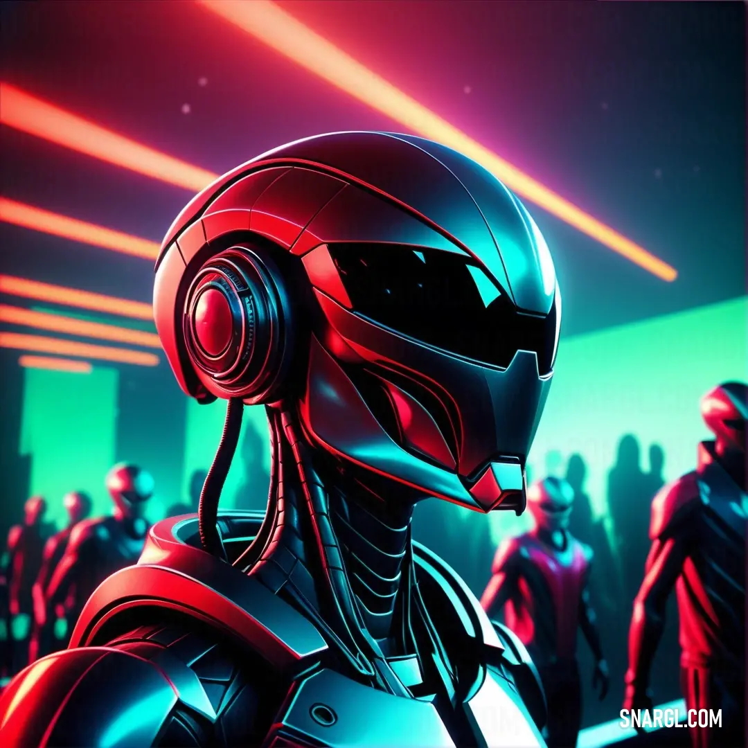 Robot with headphones on in a crowd of people in a futuristic setting with bright lights and a neon background