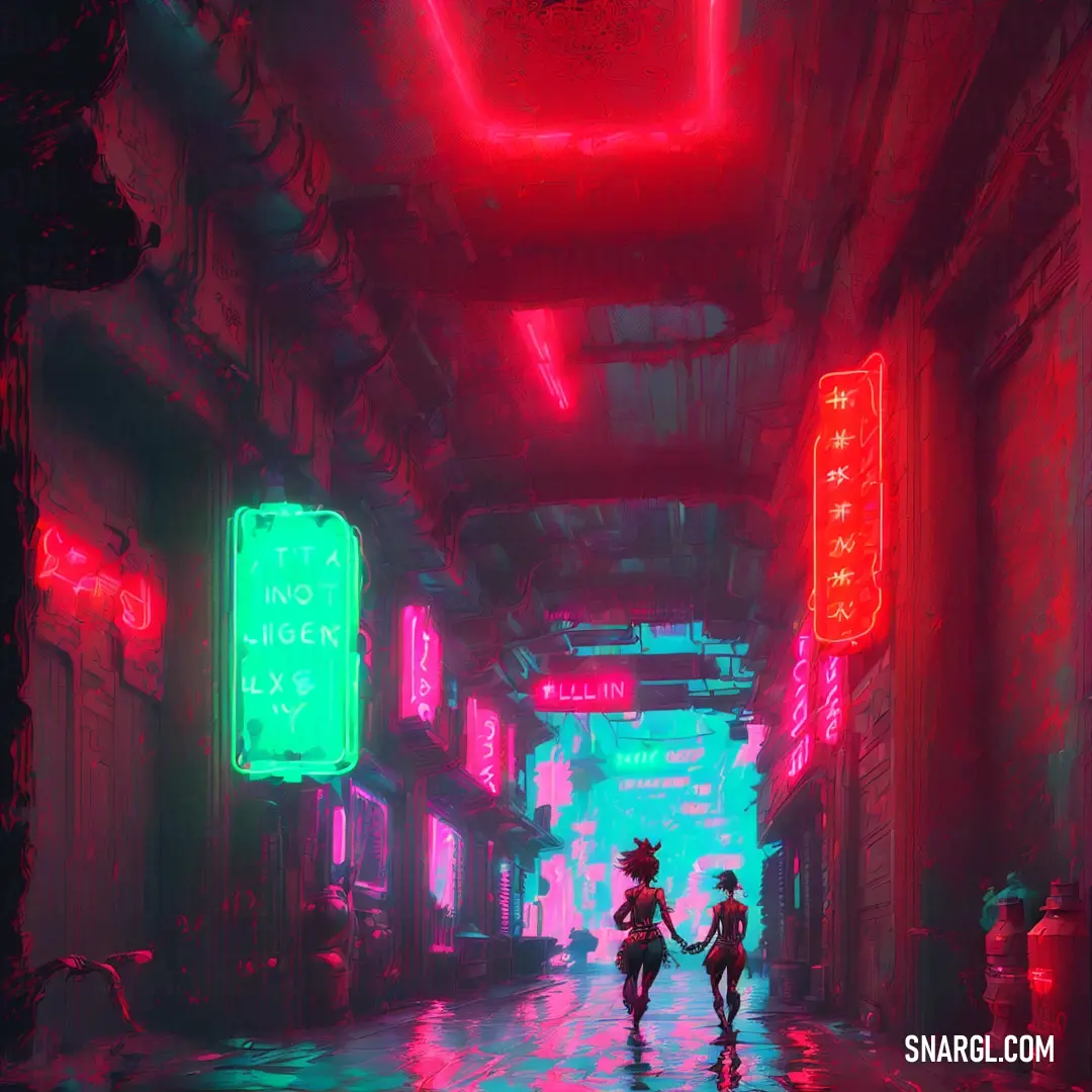 Two people walking down a dark alley way with neon signs on the walls and a neon light on the ceiling