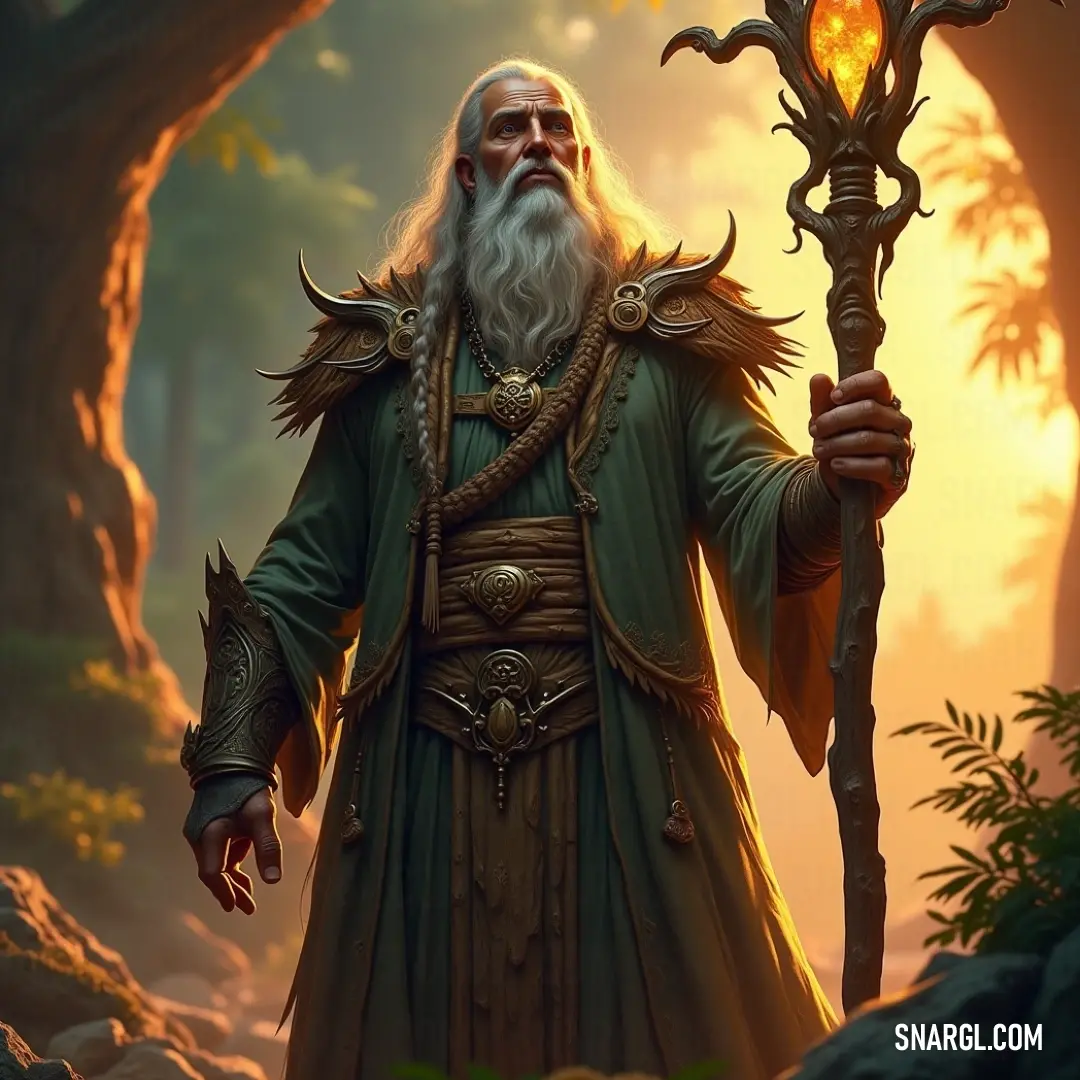 A forest enchanter, staff in hand, conjures a flame in the depths of a forest, embodying the mystical forces of nature. A forest enchanter with a long, flowing beard holds a staff in one hand while the other is enveloped by a flickering flame. Surrounded by trees, the scene is filled with ancient magic and the timeless connection between nature and the elements.