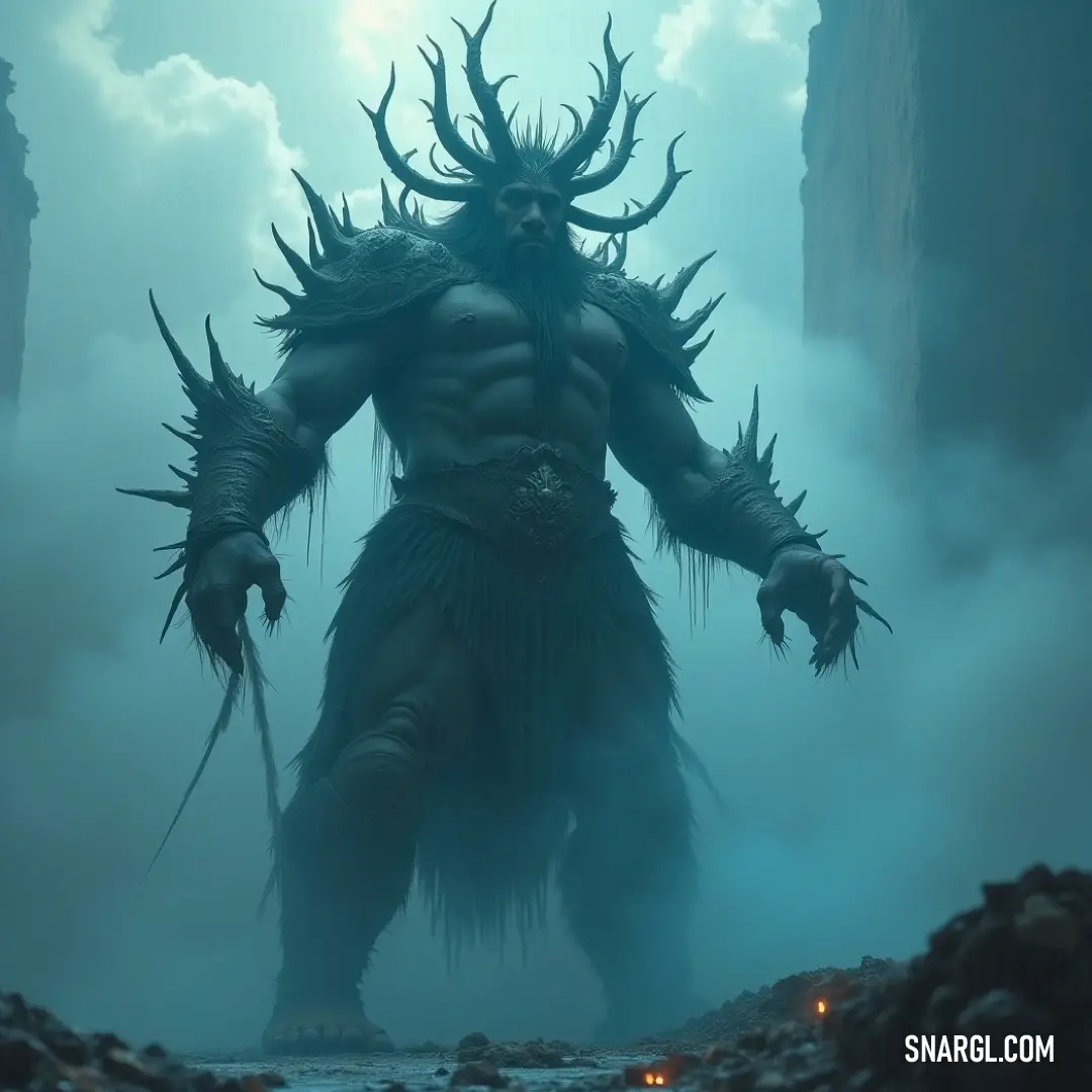 The Forest Giant, adorned with mighty horns, stands as a sentinel in the misty woods, reflecting the ancient beauty and mystery of nature. A majestic Forest Giant looms in the fog, his impressive horns silhouetted against a sky filled with ethereal light, creating a majestic figure embodying the spirit of the ancient woods.
