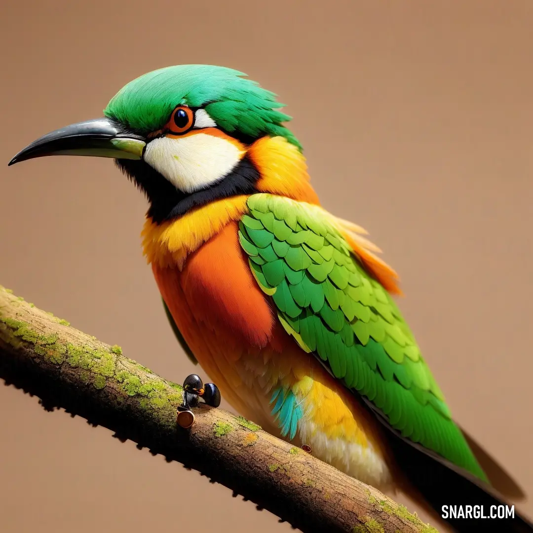 Colorful bird perched on a branch with a brown background behind it