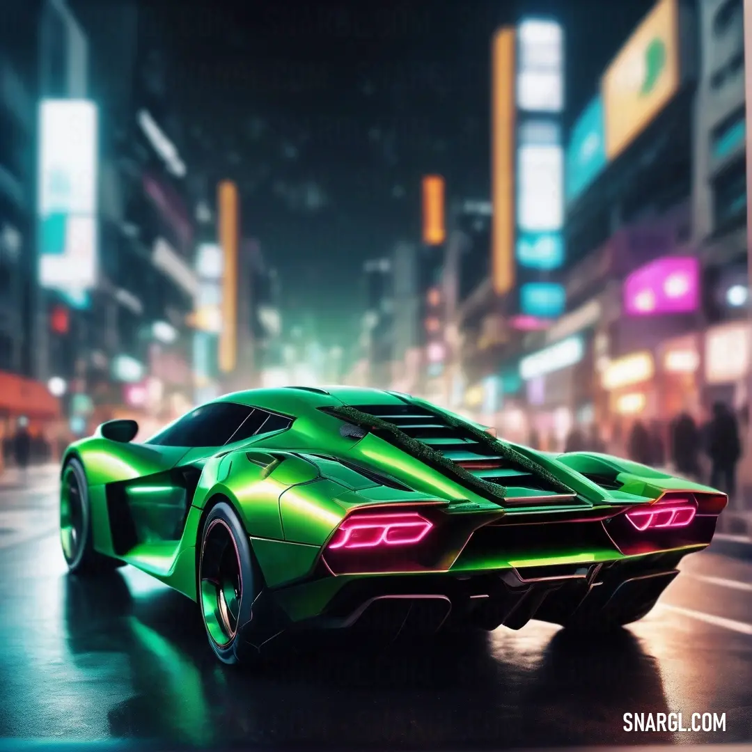 Green sports car driving down a city street at night with neon lights on the buildings behind it and people walking around
