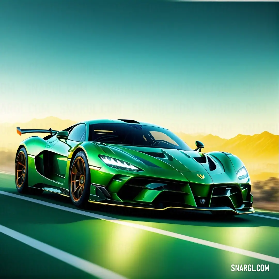 Green sports car driving down a road with mountains in the background. Example of CMYK 76,0,76,45 color.