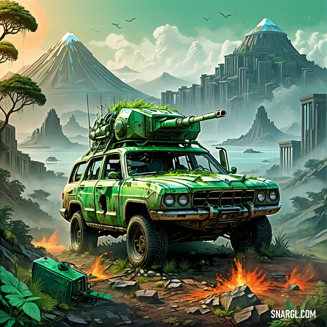Green vehicle with a tank on top of it in a mountainous area. Example of Forest green color.