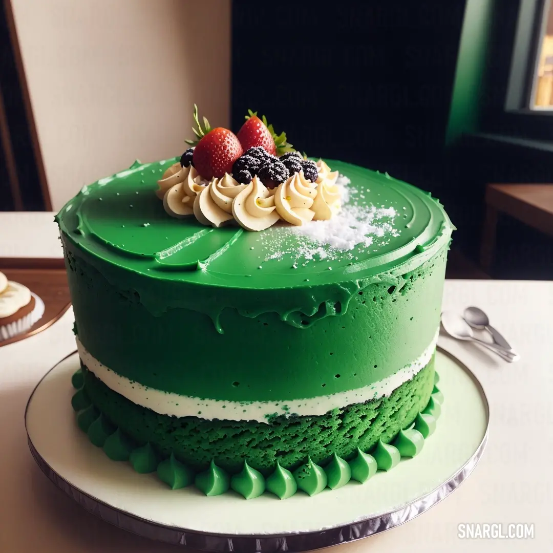 Green cake with white frosting and fruit on top of it on a plate with a fork and spoon. Example of #228B22 color.