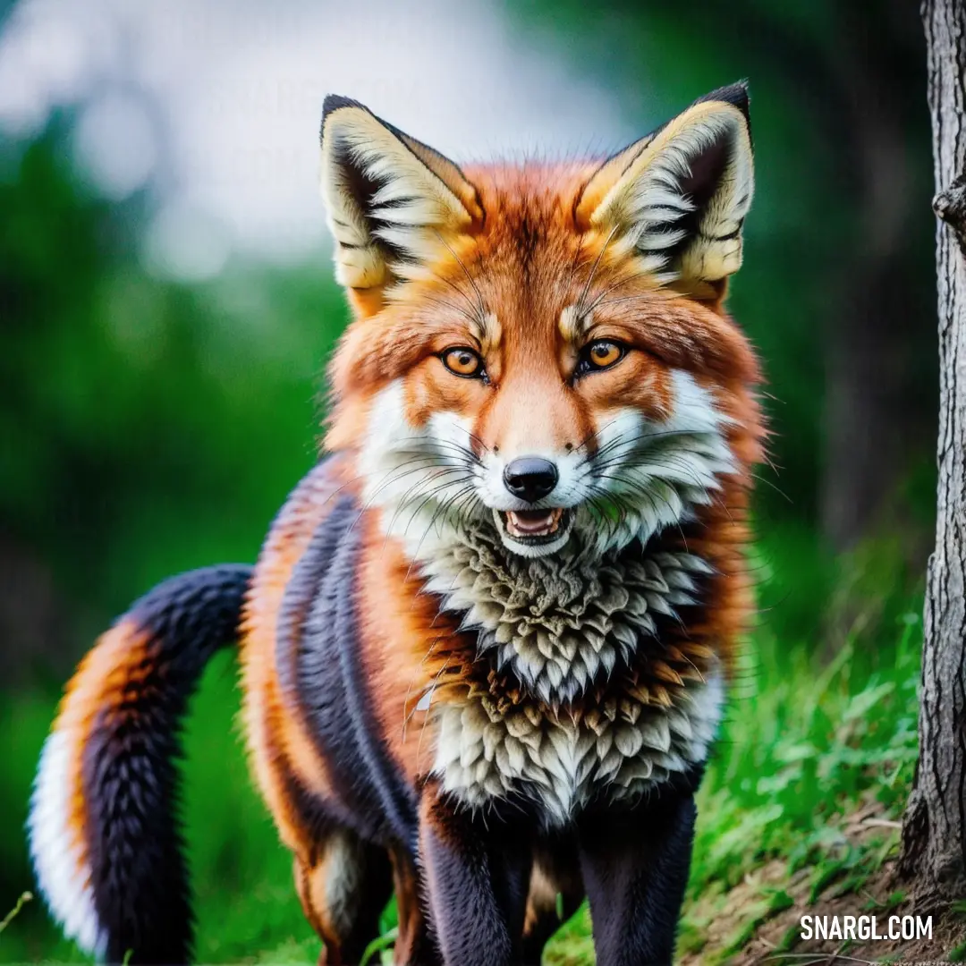 Red fox is walking in the grass near a tree and a tree trunk with its mouth open and eyes wide open