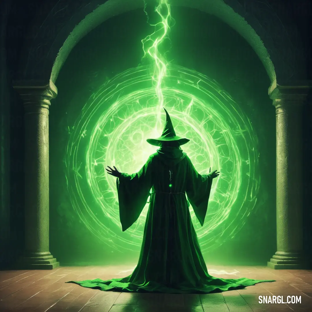 Wizard standing in front of a green light with his hands out and a wizard hat on his head