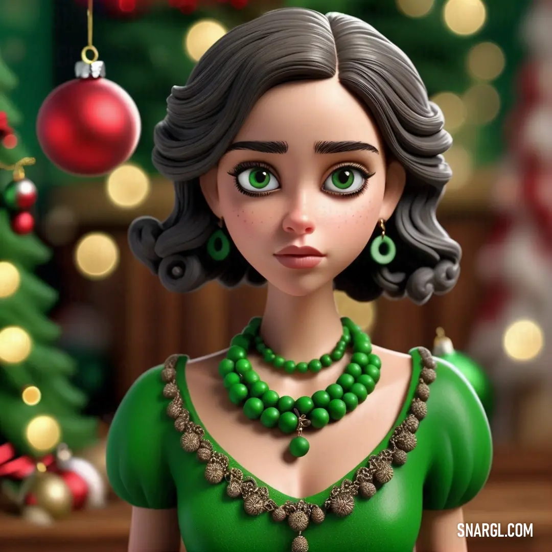 Woman in a green dress with a green necklace and green earrings on her neck and a christmas tree in the background