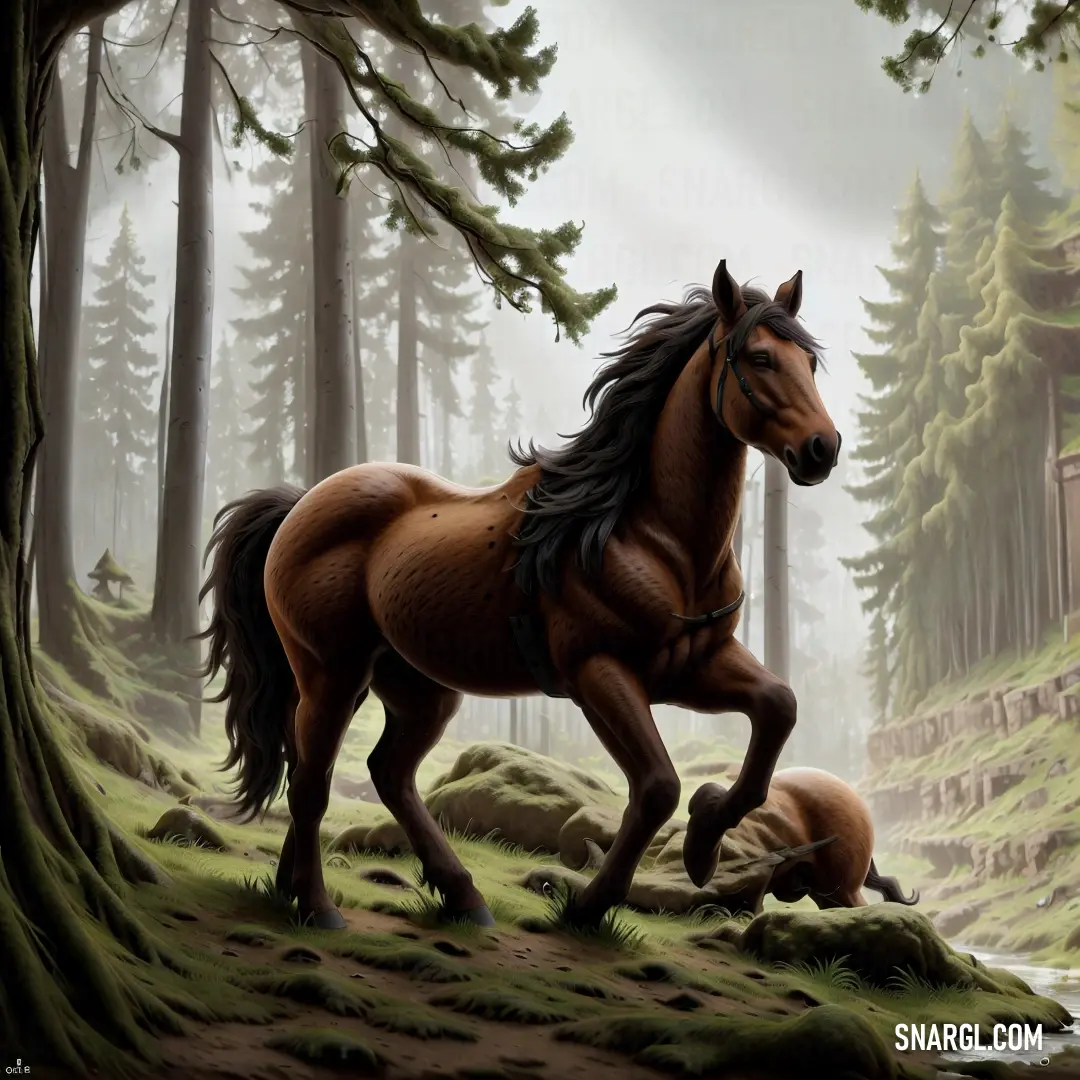 Horse and its foal running through a forest area with a stream running through it and a cabin in the background