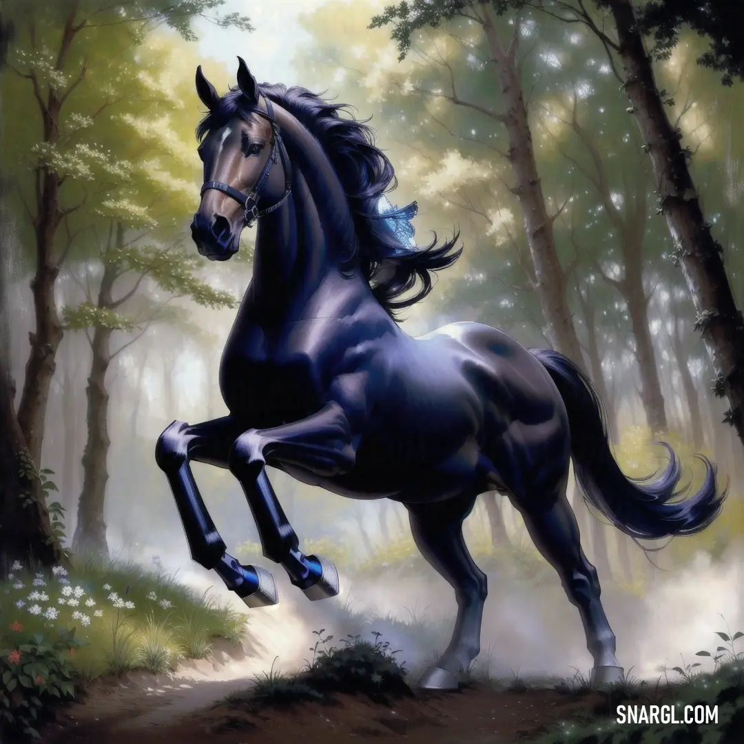 Horse is running through a forest with trees and flowers in the background