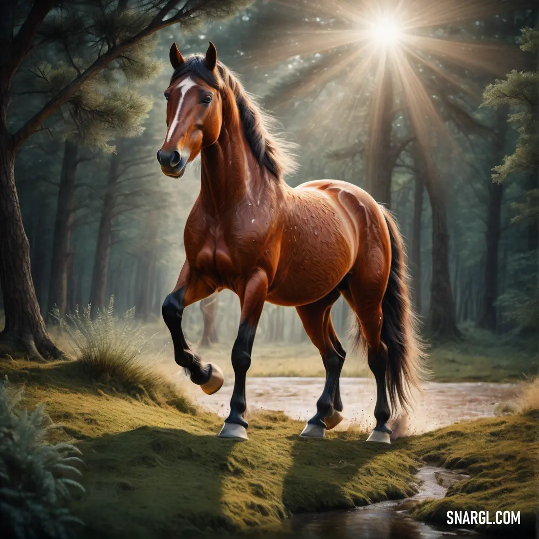 Horse is running through a forest with a stream in the foreground